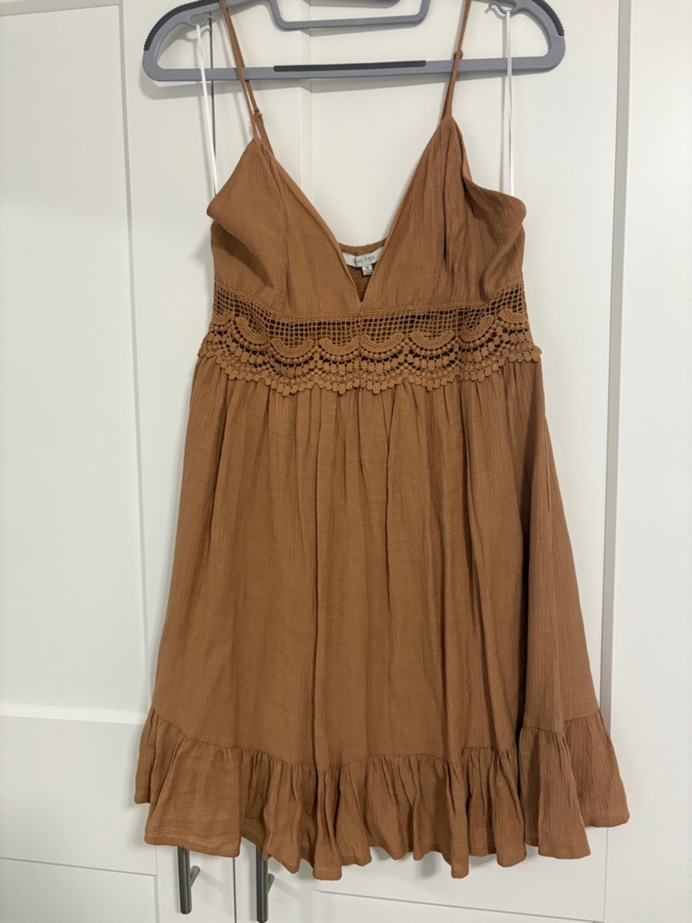 Love Tree Brown Crochet-Trim Mini Dress size medium
